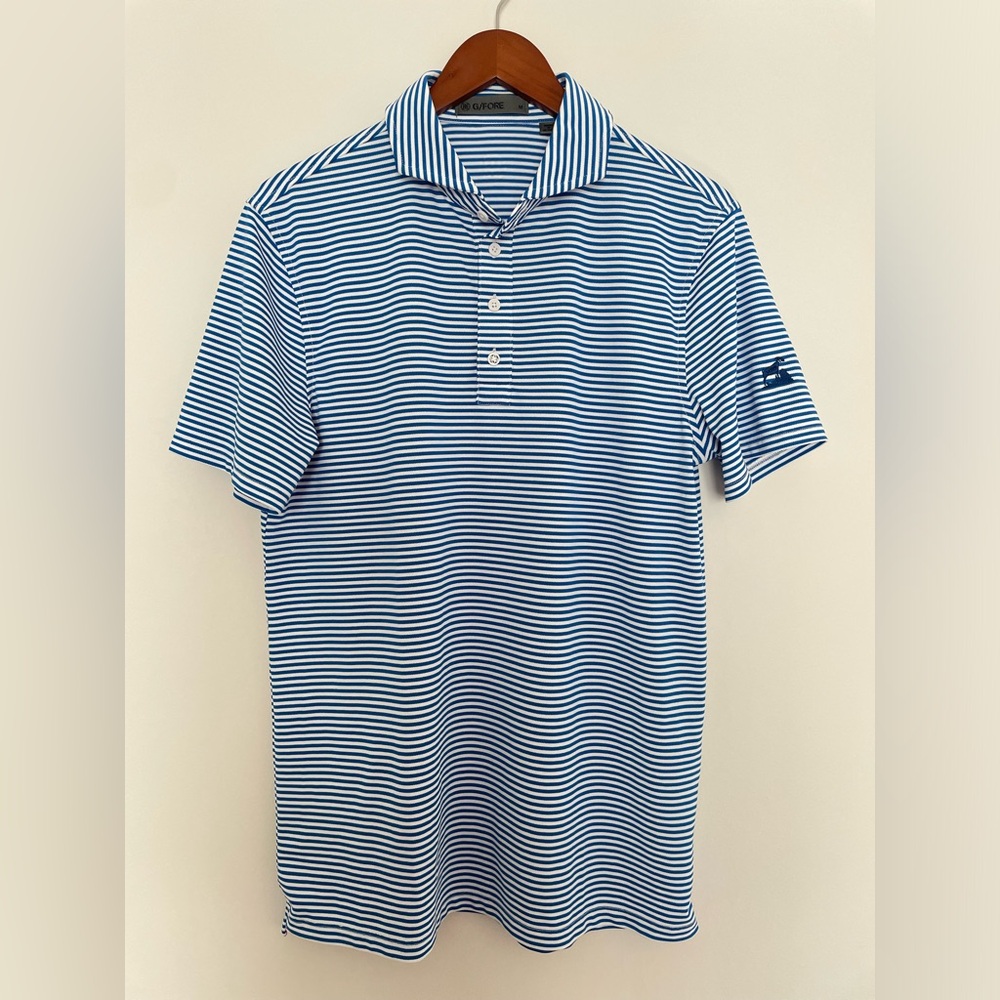 G/FORE Feeder Stripe Tech Pique Polo Shirt Sz M Blue White Surf Embroidered Golf